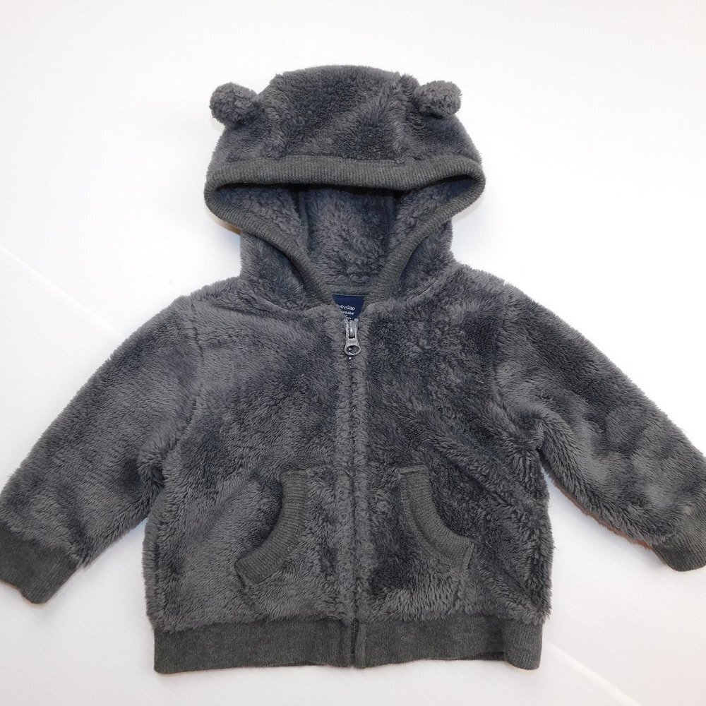 GAP Gray Fleece Full Zip Hoodie with Ears Baby Boy Girl 6 - 12 m